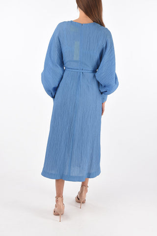 Abito in Tessuto Jacquard con Collo a V e Cintura