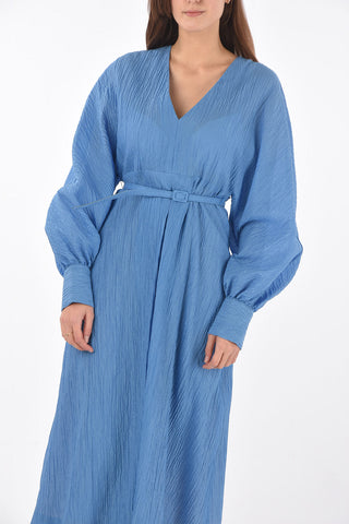 Abito in Tessuto Jacquard con Collo a V e Cintura
