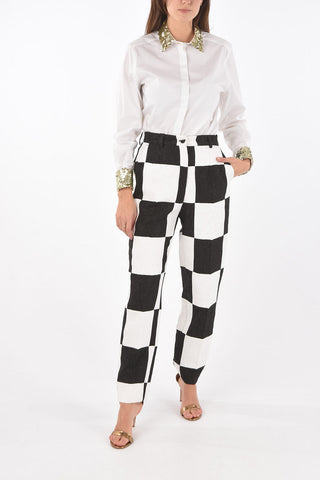 High-waisted Jacquard Checkered Pants