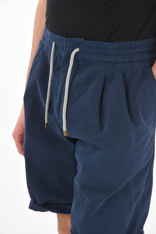 Shorts in Cotone a 2 Pinces con Elastico in Vita
