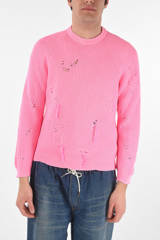 Crew Neck Cotton Blend Distressed Pullover