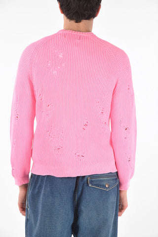 Crew Neck Cotton Blend Distressed Pullover
