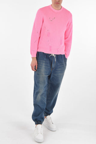 Crew Neck Cotton Blend Distressed Pullover