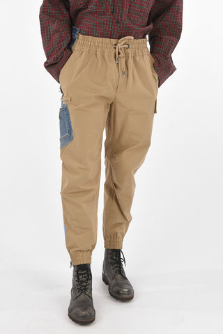 Denim Patches Cotton Cargo Pants with Elastic Cuffs