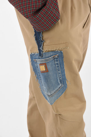 Denim Patches Cotton Cargo Pants with Elastic Cuffs