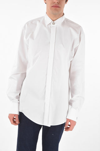 Wing Collar Hidden Buttoning Cotton Shirt