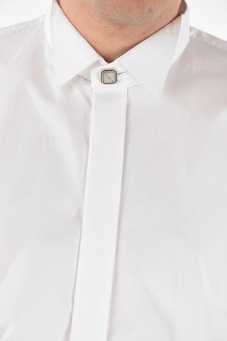Wing Collar Hidden Buttoning Cotton Shirt