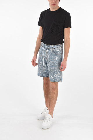 5 Pocket Printed Denim Shorts with Drawstring
