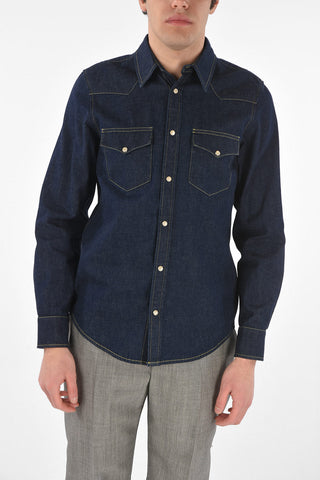 Camicia Sahariana in Denim Lavaggio Scuro con Ricamo