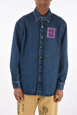 denim straight fit overshirt with silver buttons