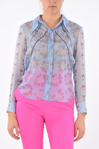 Straight Collar Floral Patterned Silk Shirt