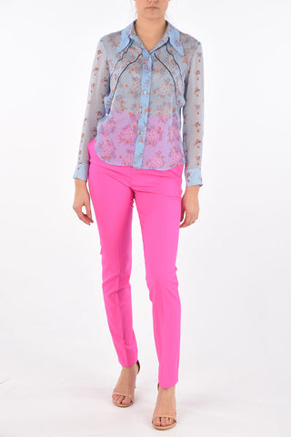 Straight Collar Floral Patterned Silk Shirt