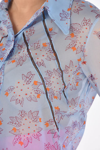 Straight Collar Floral Patterned Silk Shirt