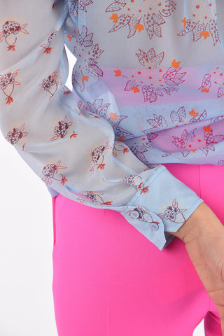 Straight Collar Floral Patterned Silk Shirt