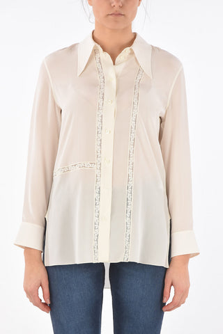 Straight Collar Lace Insert Silk Shirt