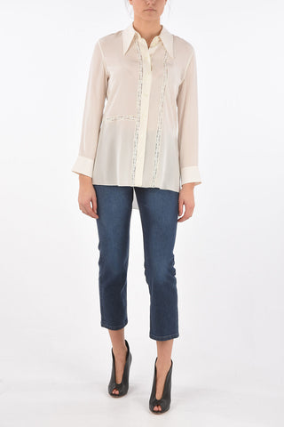 Straight Collar Lace Insert Silk Shirt
