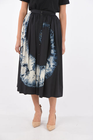 Front Buttoned Tie Dye Godet Midi Skirt