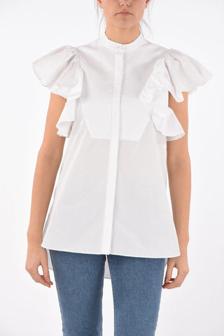 Camicia in Cotone con Maniche Ruffle e Collo Coreano