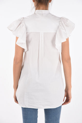 Camicia in Cotone con Maniche Ruffle e Collo Coreano