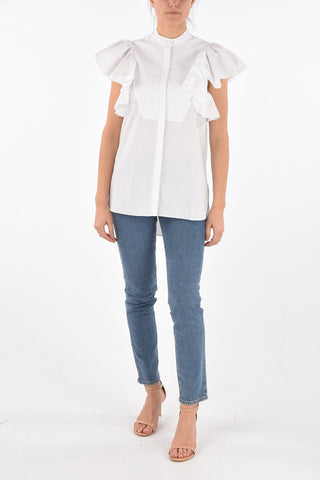 Camicia in Cotone con Maniche Ruffle e Collo Coreano
