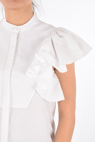 Camicia in Cotone con Maniche Ruffle e Collo Coreano
