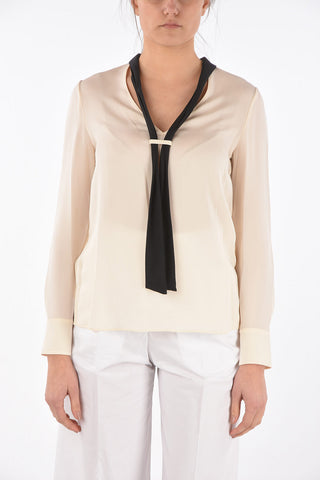 Two Tone Tie Neck Silk Blouse