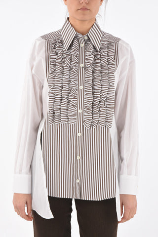 Camicia Ruffle Front con Dettaglio Gessato e Spacchi Posteriori
