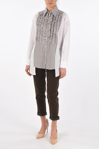 Camicia Ruffle Front con Dettaglio Gessato e Spacchi Posteriori