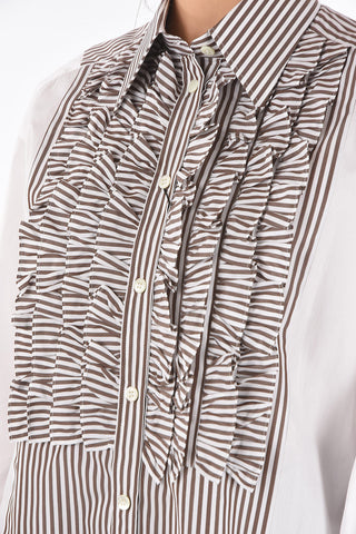 Camicia Ruffle Front con Dettaglio Gessato e Spacchi Posteriori