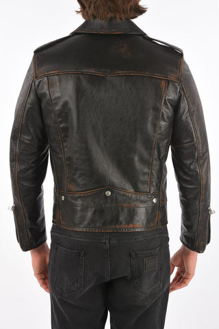 Lived-in Effect Leather Biker Jacket