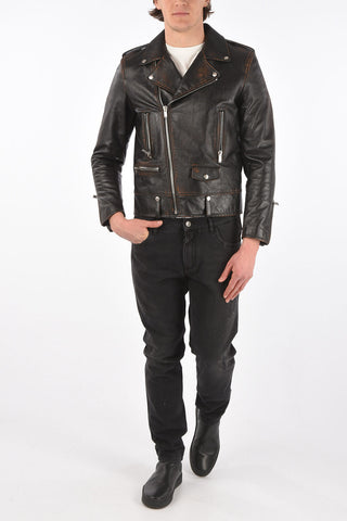 Lived-in Effect Leather Biker Jacket