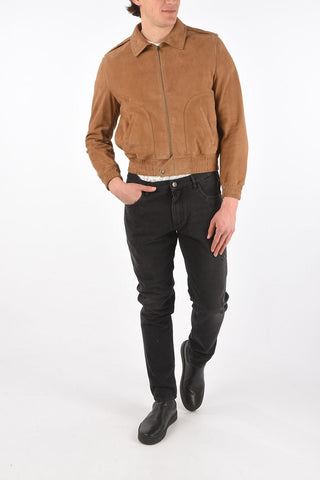 Giubbotto in Suede con Elastico in Vita e Zip Frontale