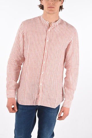 linen collarless shirt with printed stripes