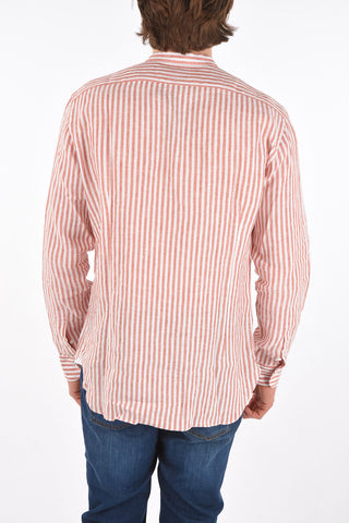 linen collarless shirt with printed stripes
