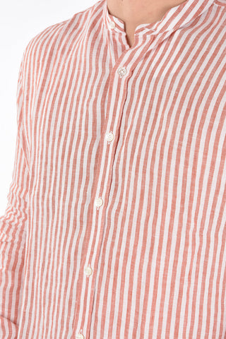 linen collarless shirt with printed stripes