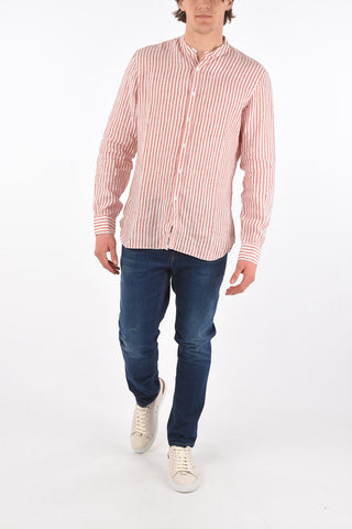 linen collarless shirt with printed stripes