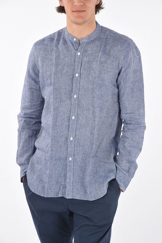 Camicia collo coreano in lino chambray