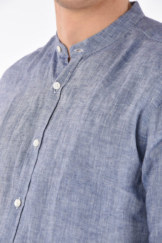 Camicia collo coreano in lino chambray