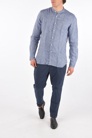 Camicia collo coreano in lino chambray