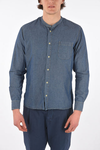 Mandarin Collar Denim Shirt with Breast-pocket