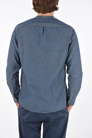 Mandarin Collar Denim Shirt with Breast-pocket