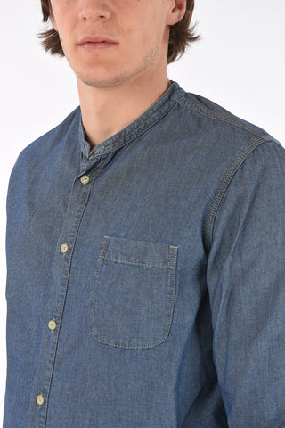 Mandarin Collar Denim Shirt with Breast-pocket