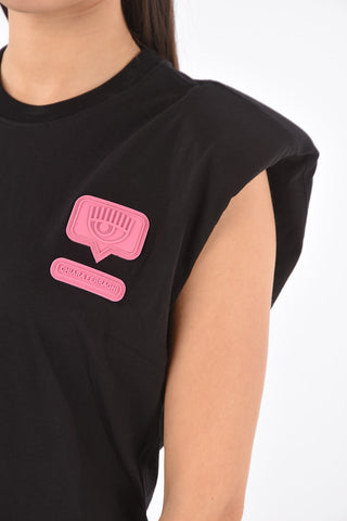 Padded shoulder tank top with EYELIKE patch
