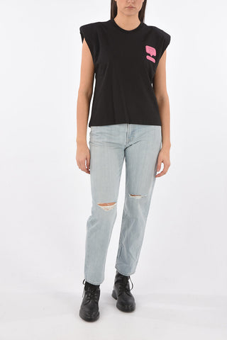 Padded shoulder tank top with EYELIKE patch