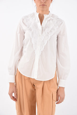 SEE BY Mandarin Collar Ruffle Front Shirt with Sangallo Details