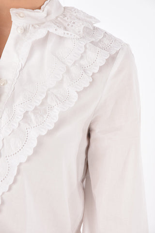SEE BY Mandarin Collar Ruffle Front Shirt with Sangallo Details