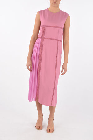 Lace Insert Midi Dress with Pleated Detail
