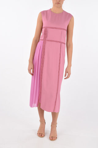 Lace Insert Midi Dress with Pleated Detail