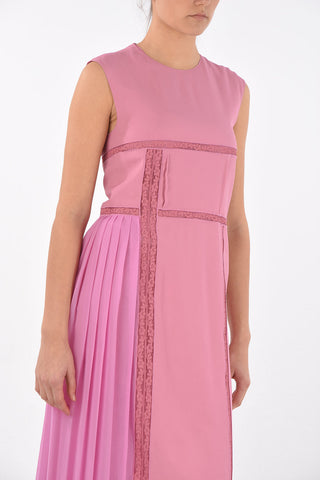 Lace Insert Midi Dress with Pleated Detail