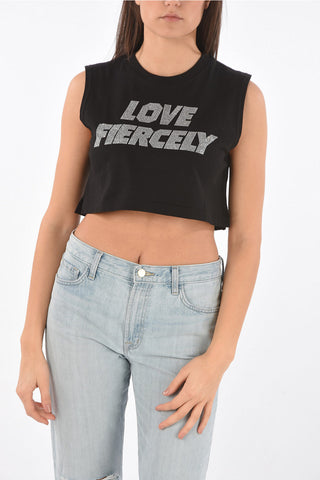 Sleeveless LOVE FIERCELY Cropped top with crystals